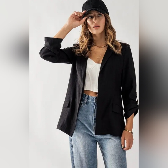 #385 SALE 🛑S,M Boho Linen Open Front Roll Tab Sleeve Blazer - Picture 8 of 16